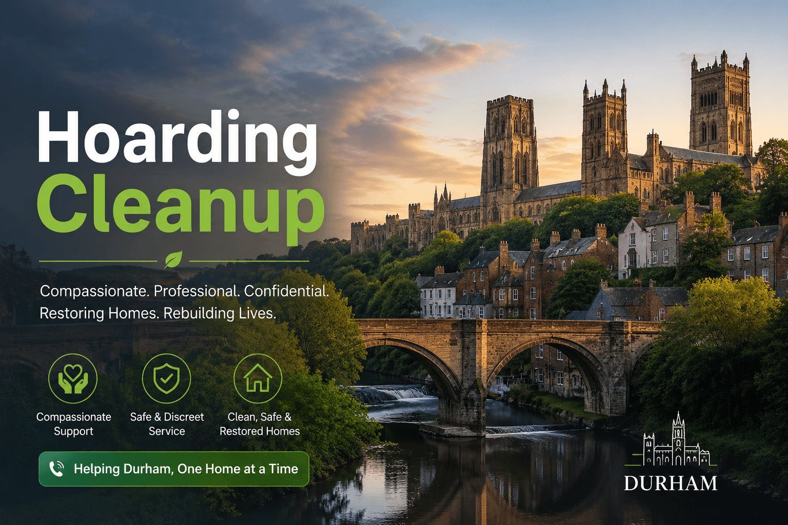 Durham Hoarding — compassionate hoarding cleanup across County Durham, with Durham Cathedral and the River Wear behind