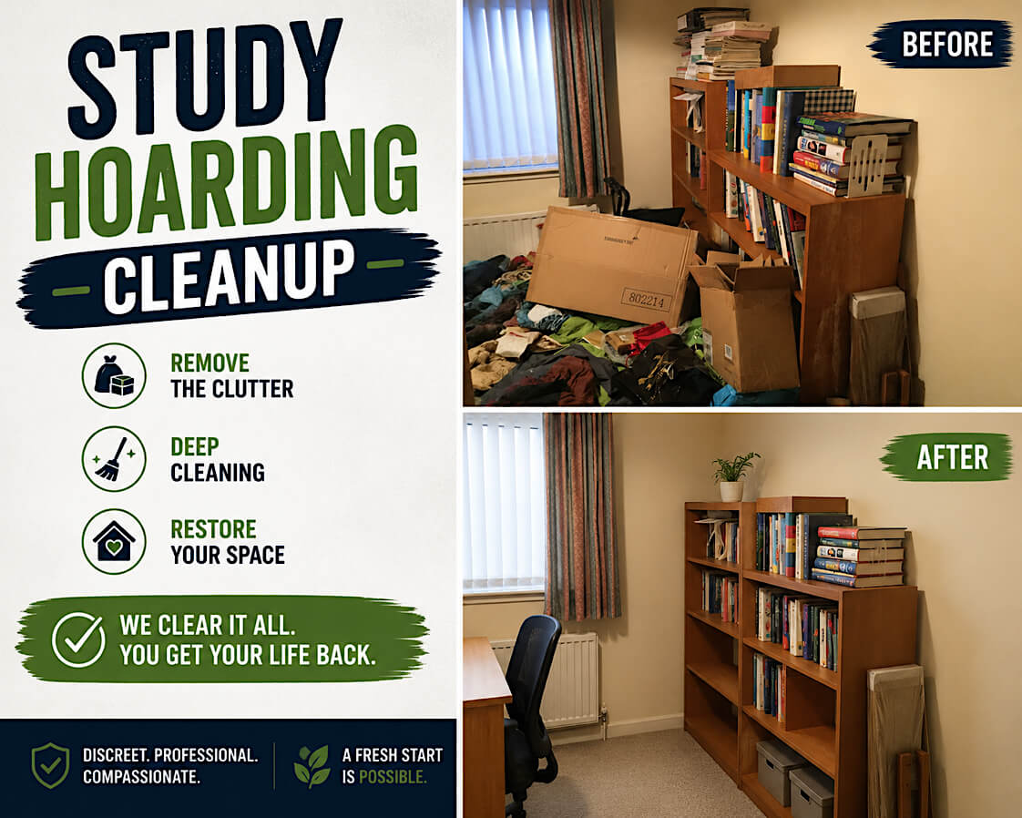 A calm, organised study after professional hoarding cleanup